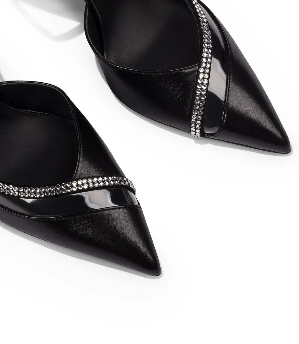 Black nappa leather and plexi slingback pumps embellished with rhinestones