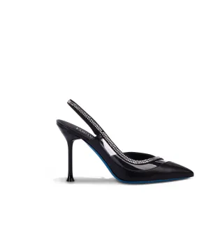 Black nappa leather and plexi slingback pumps embellished with rhinestones