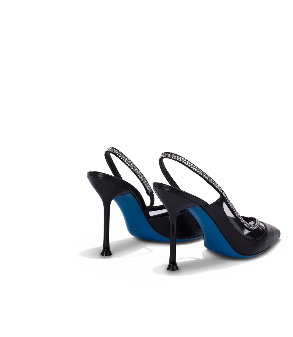 Black nappa leather and plexi slingback pumps embellished with rhinestones