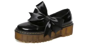 Black Patent Leather Satin Bow Platforms Flats