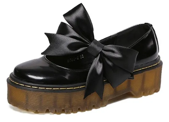 Black Patent Leather Satin Bow Platforms Flats