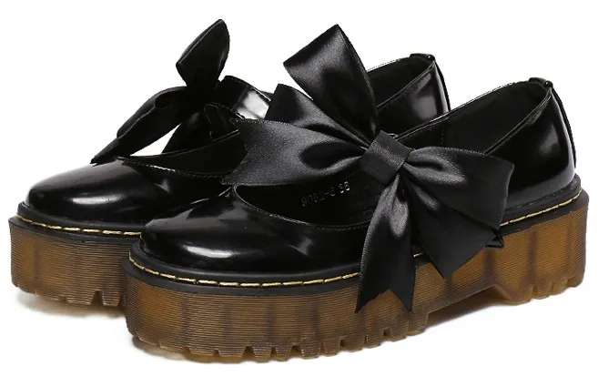 Black Patent Leather Satin Bow Platforms Flats