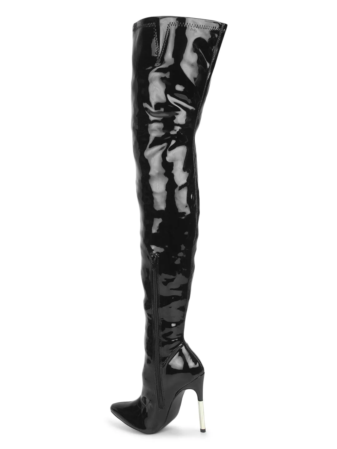 Black Patent Pointy Toe Thigh High Boots