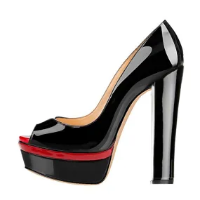 Black Platform High Heel Stiletto Pumps - Double Peep Toe