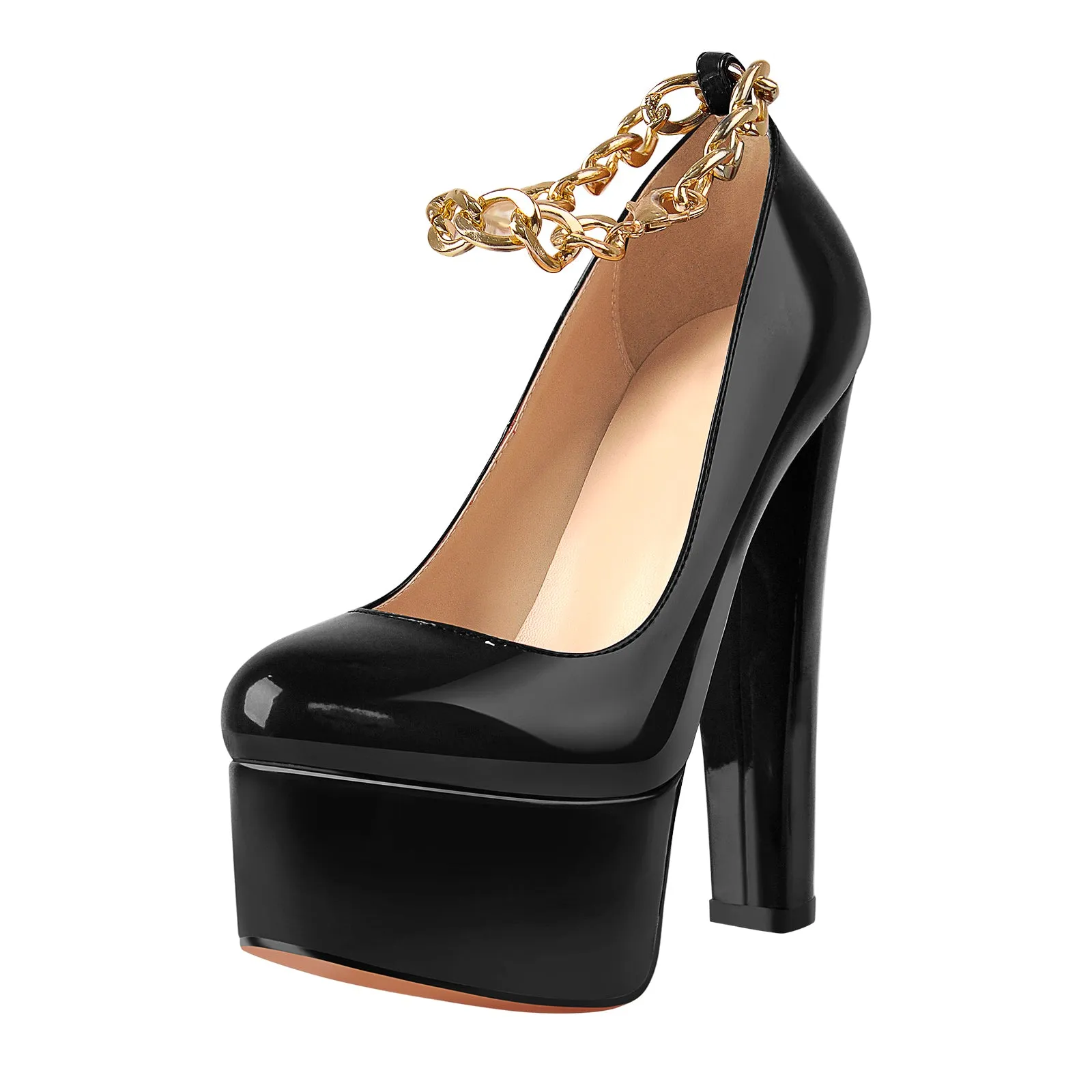 Black Round Toe Ankle Chain Platform Pumps