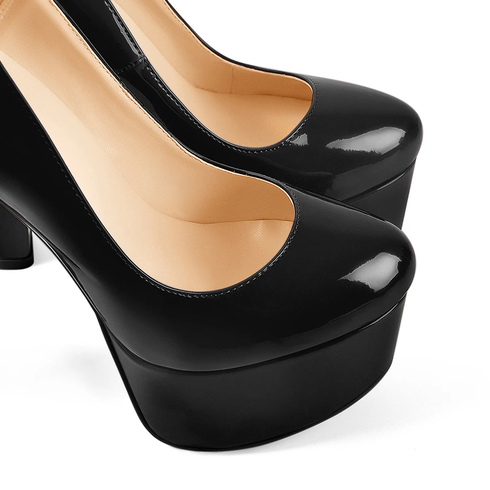 Black Round Toe Ankle Chain Platform Pumps