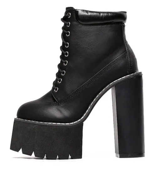 Black Chunky Sole Block Platform High Heel Boots Shoes