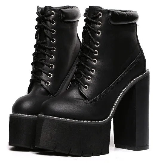 Black Chunky Sole Block Platform High Heel Boots Shoes