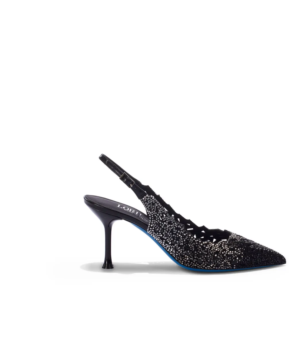 Black suede pumps with crystal embellishments and laser-cut details.