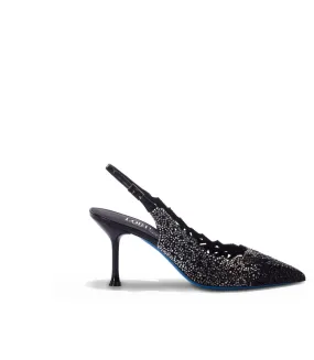 Black suede pumps with crystal embellishments and laser-cut details.