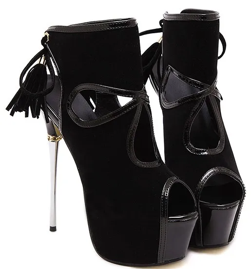 Black Suede Tassels Peep Toe Stiletto Platform High Heel Boots