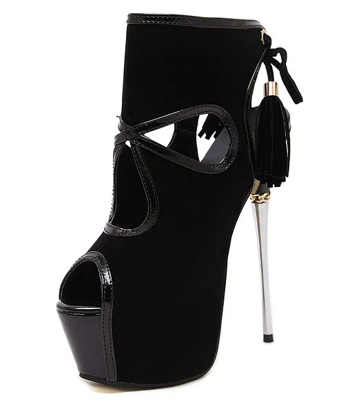 Black Suede Tassels Peep Toe Stiletto Platform High Heel Boots