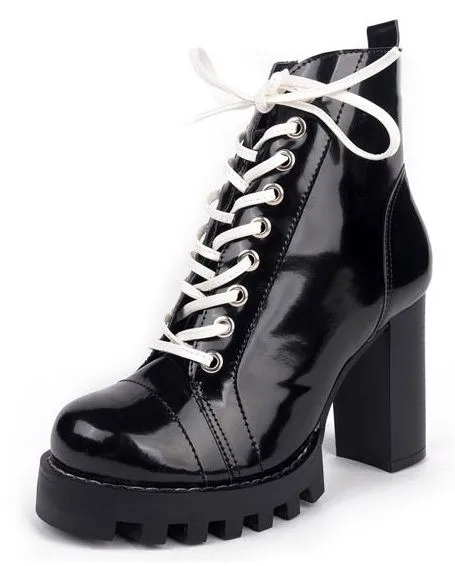 Black White Lace Up Combat High Heels Platforms