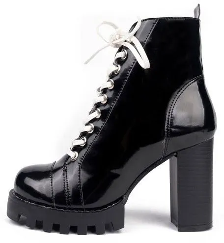 Black White Lace Up Combat High Heels Platforms