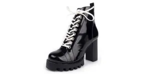 Black White Lace Up Combat High Heels Platforms