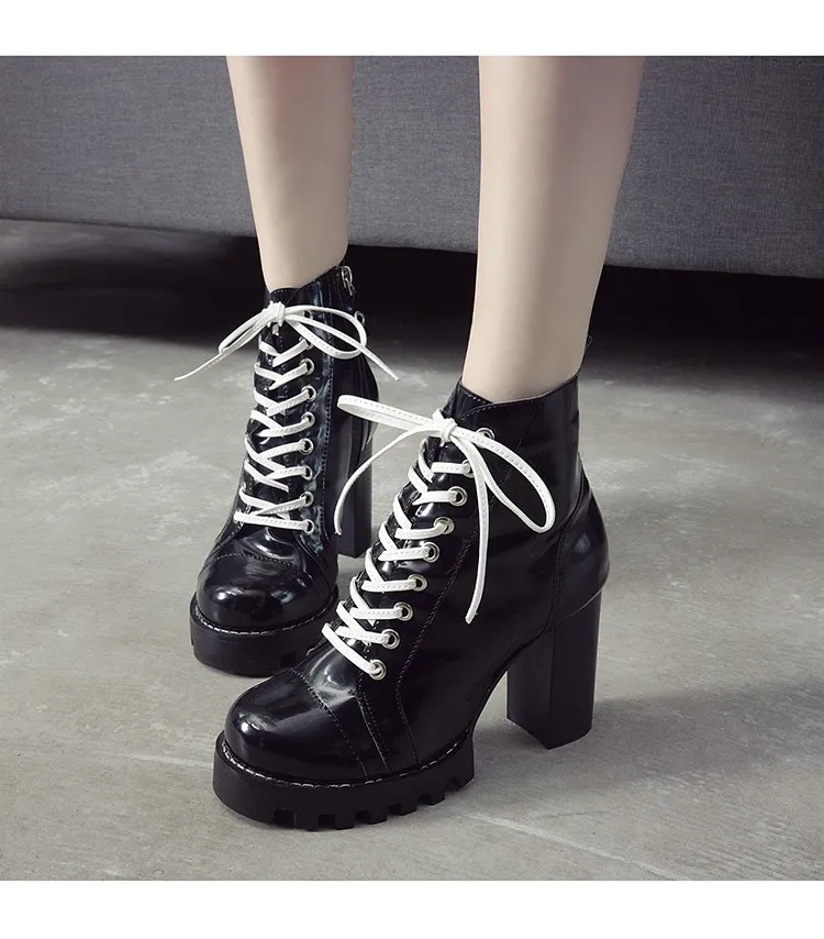 Black White Lace Up Combat High Heels Platforms