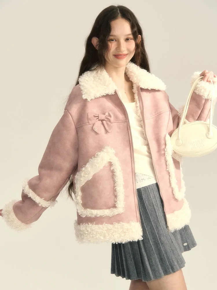 Boa Leather Cute Ribbon Oversize Jacket