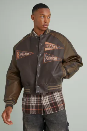 Boxy Tumbled Pu Pannelled Varsity Jacket