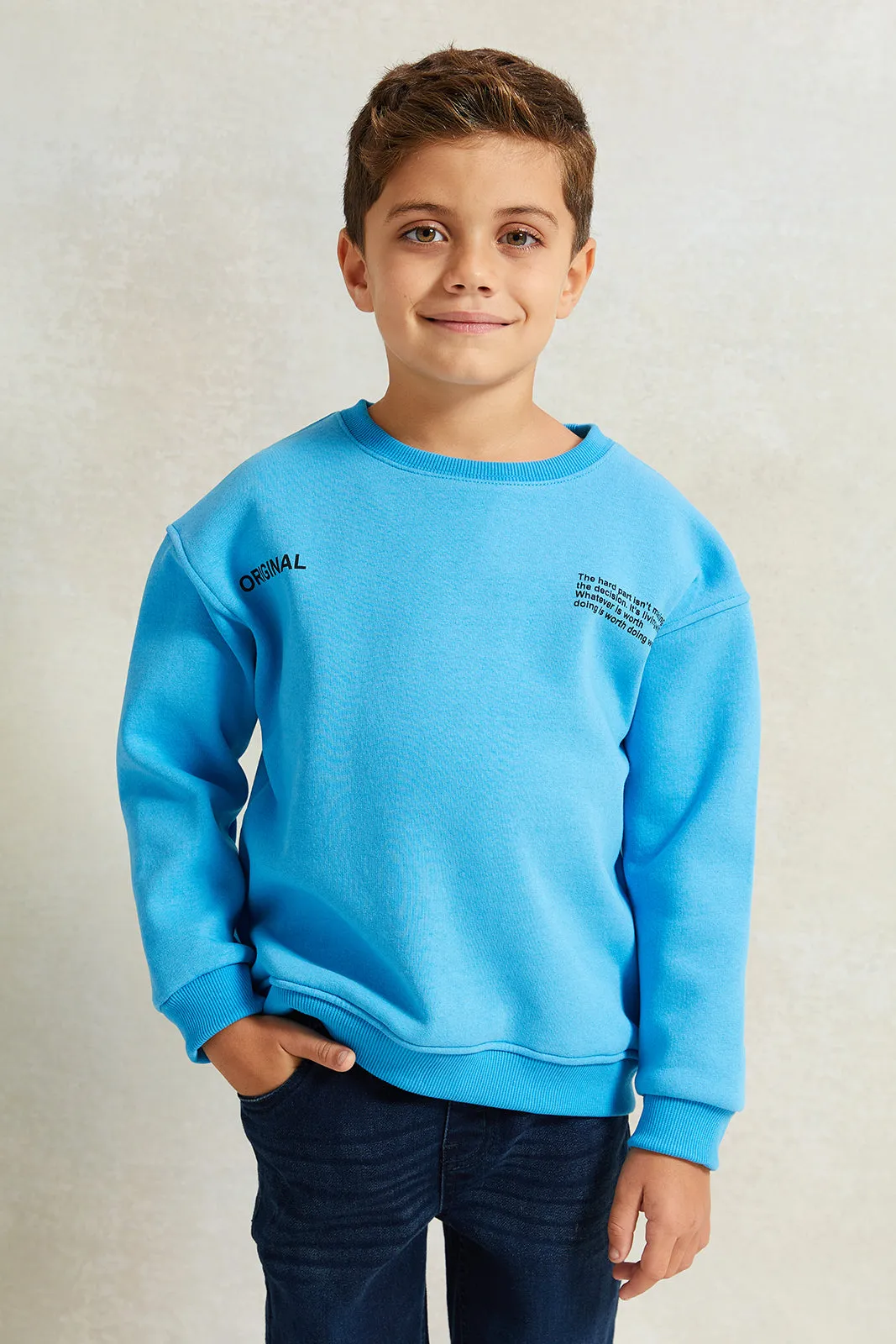 Boys Blue Drop Shoulder Printed Sweatshirt