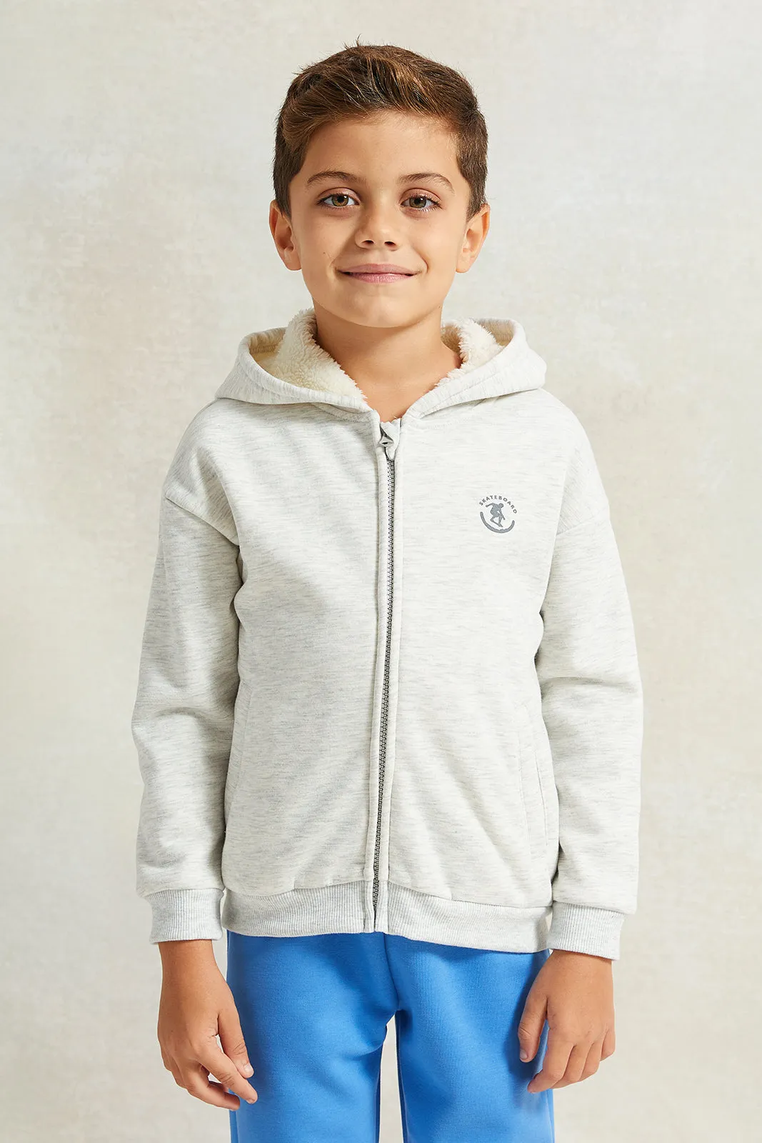 Boys Grey Fur Hooded Sweatshirt