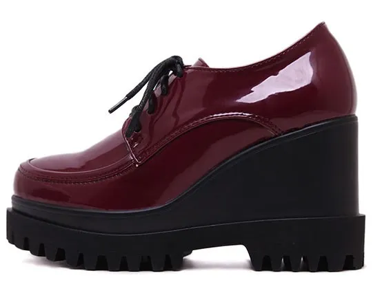 Burgundy Patent Lace Up Platform Oxfords Wedges Shoes