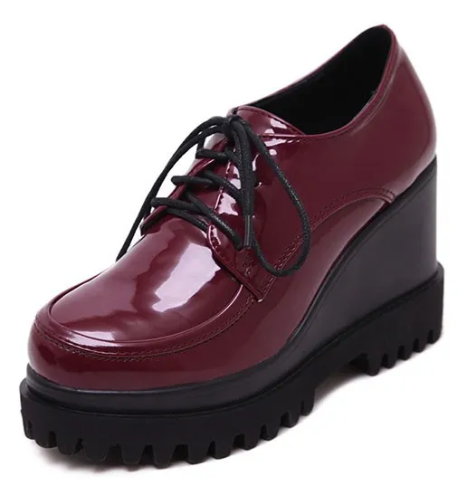 Burgundy Patent Lace Up Platform Oxfords Wedges Shoes