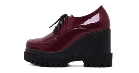 Burgundy Patent Lace Up Platform Oxfords Wedges Shoes