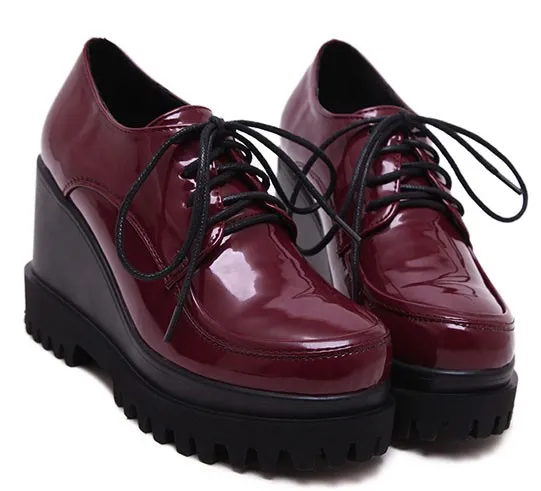 Burgundy Patent Lace Up Platform Oxfords Wedges Shoes