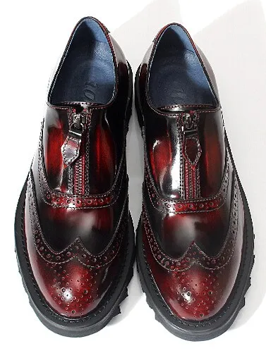 Vintage Burgundy Zipper Men's Cleated Sole Oxfords Loafers