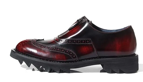 Vintage Burgundy Zipper Men's Cleated Sole Oxfords Loafers