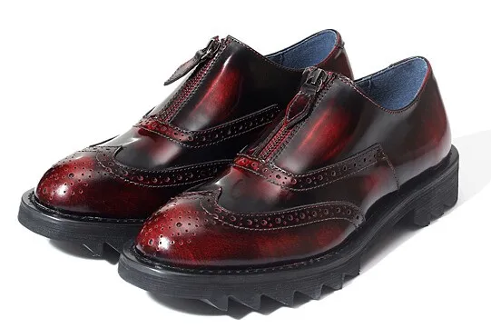 Vintage Burgundy Zipper Men's Cleated Sole Oxfords Loafers