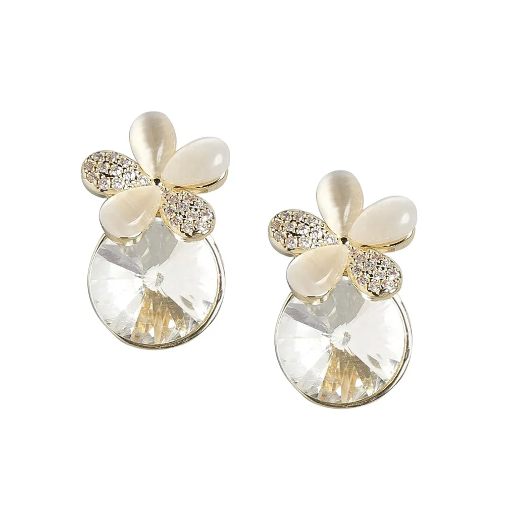 Carlton London Women'S Brass Off-White Gold-Plated Cz-Studded Handcrafted Beaded Floral Drop Earrings Fje3440