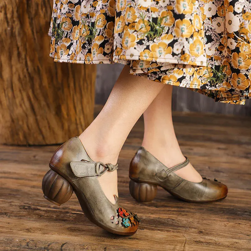 Women's Hollow Flowers Round Toe Heels with Hook Loop Closure