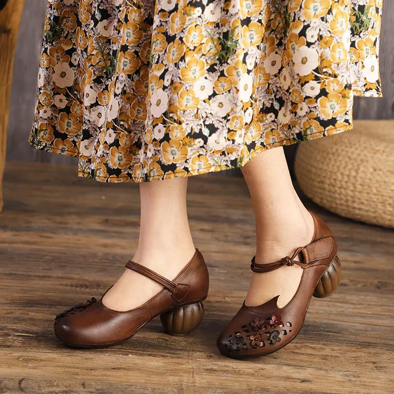 Women's Hollow Flowers Round Toe Heels with Hook Loop Closure