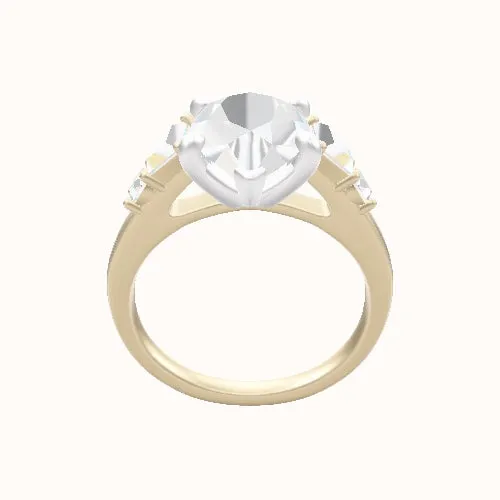 Cathedral Band with Trapezoid & Round Sidestones Engagement Ring With Low Set Four Prong Head