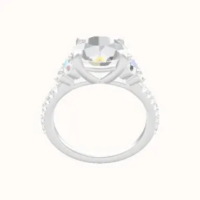 Cathedral Diamond Band with Round Sidestone Trio Engagement Ring With Low Set Four Prong Head