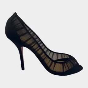 Christian Louboutin black ruched mesh open-toe satin heels