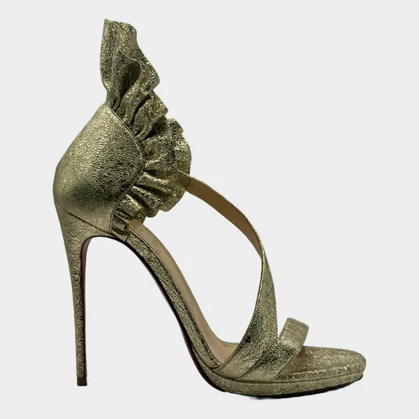 Christian Louboutin gold textured leather ruffled embellished sandal heels