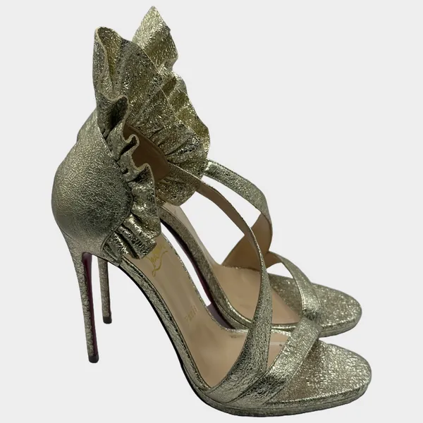 Christian Louboutin gold textured leather ruffled embellished sandal heels