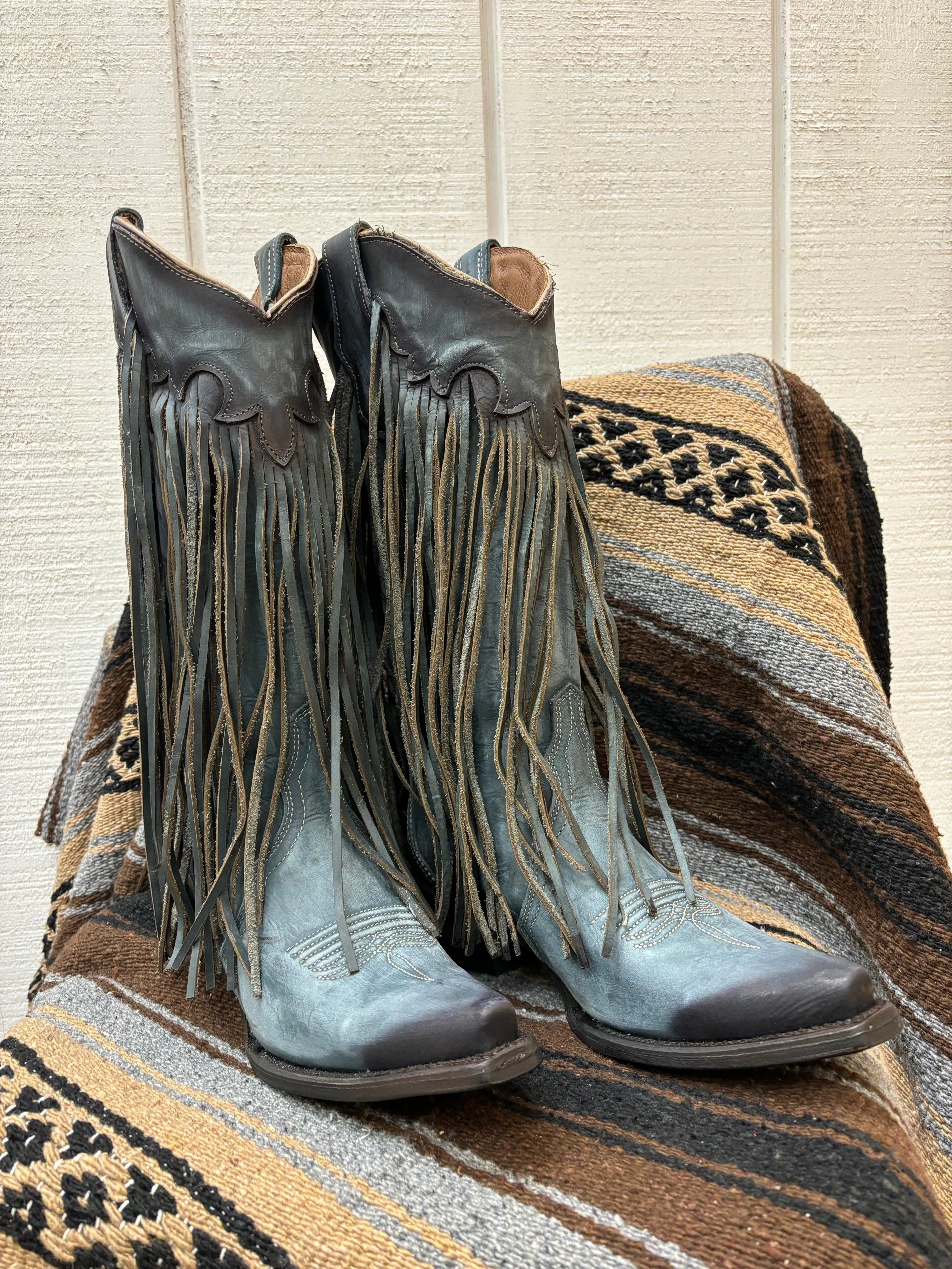 Circle G by Corral Women's Blue Fringes Snip Toe Cowgirl Boots L6074 - Blue Fringe Cowgirl Boots - Circle G L6074