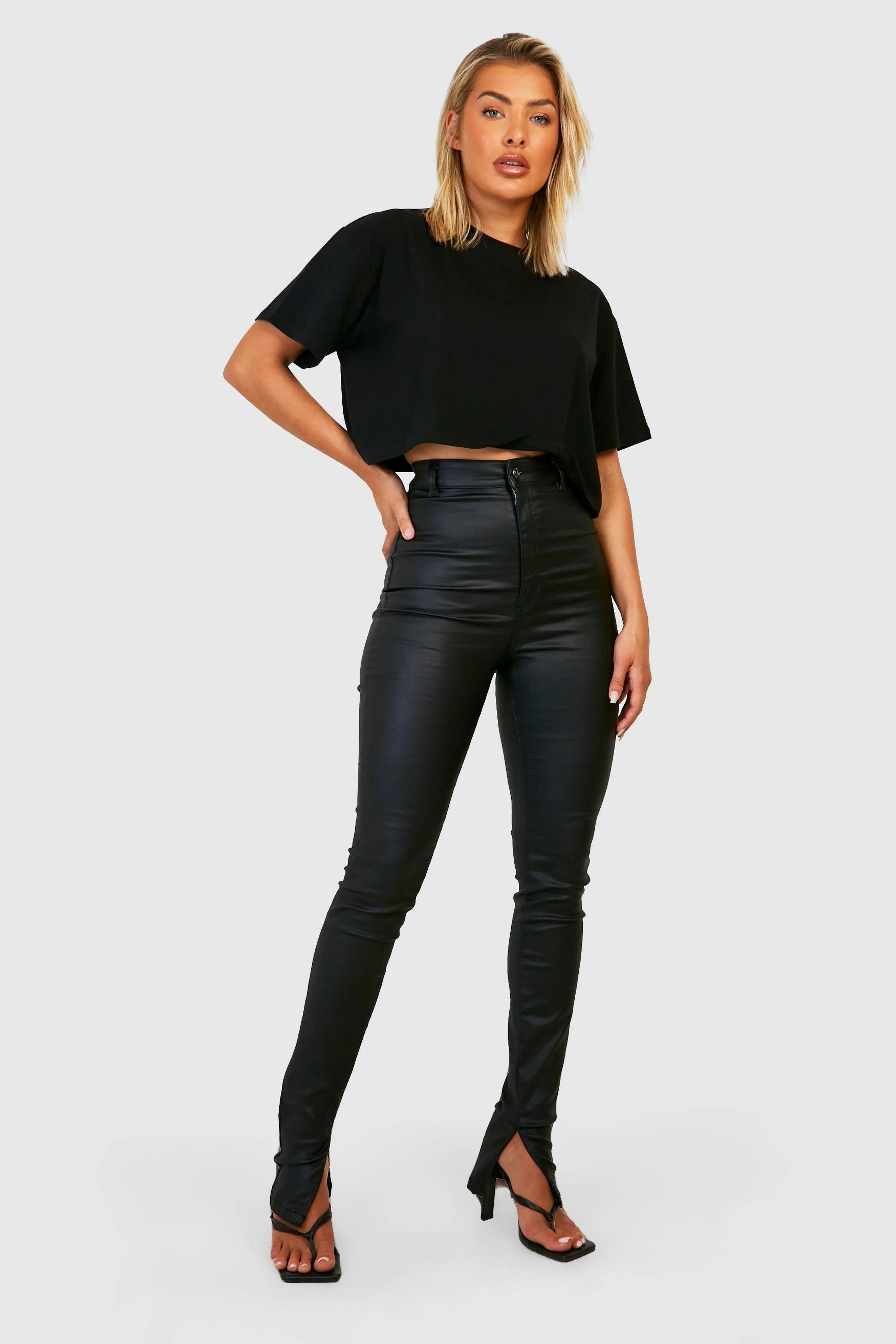 Coated High Waisted Split Hem Skinny Jeans