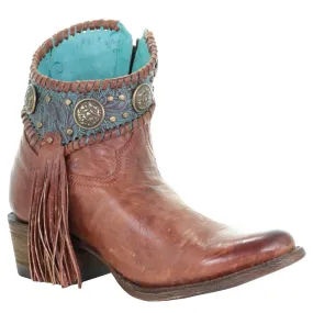 Corral Women's Cognac Turquoise Concho Fringe Round Toe Ankle Boot - Size 7