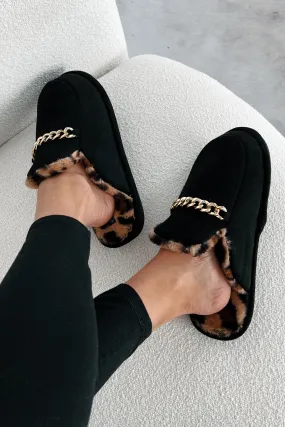 Couture Dreams Leopard Lined Chain Mules (Black)