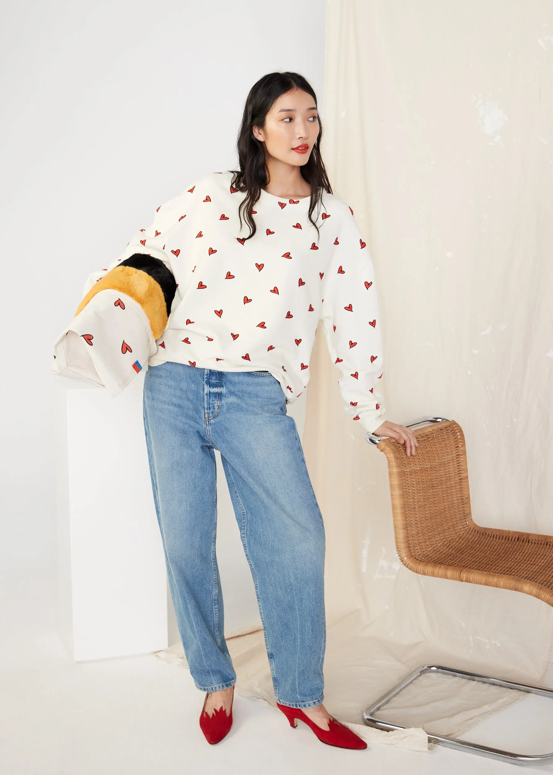 Cream and Red Oversized Heart Print Sweatshirt