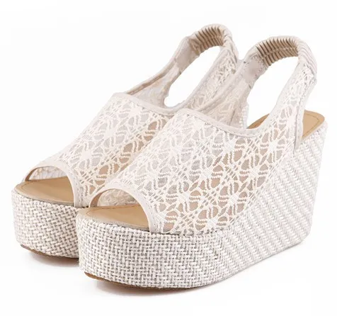 Cream Lace Crochet Slingback Peeptoe Platforms Sandals