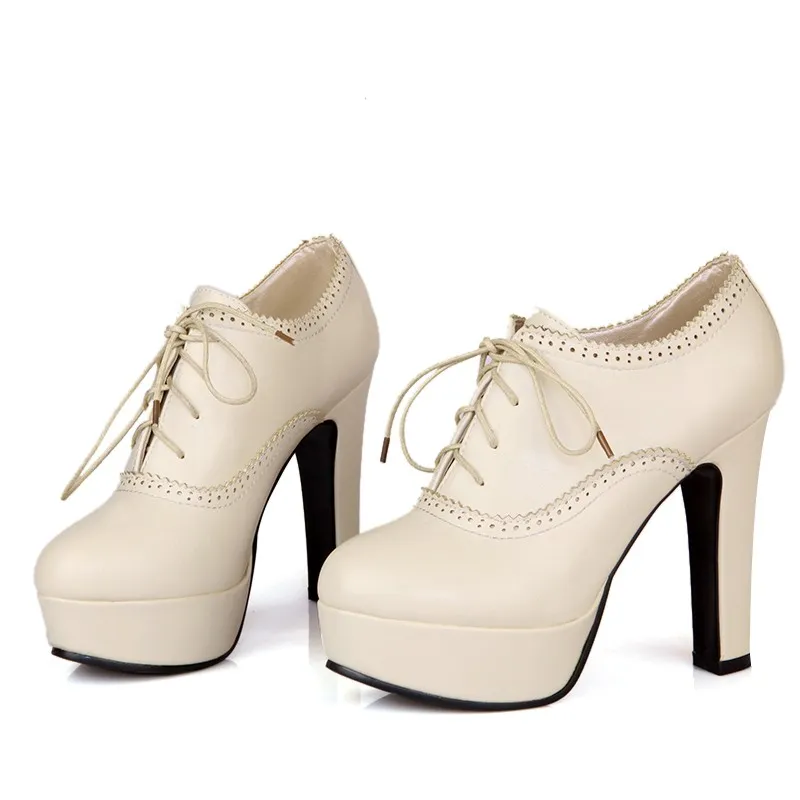 Vintage Cream Lace Up Platforms Oxfords