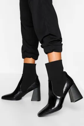 Croc Block Heel Knitted Panel Sock Boots