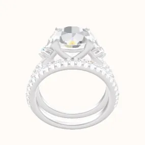 Diamond Band with Marquise & Round Diamond Sidestones Engagement Ring With Low Set Four Prong Head and Matching Band