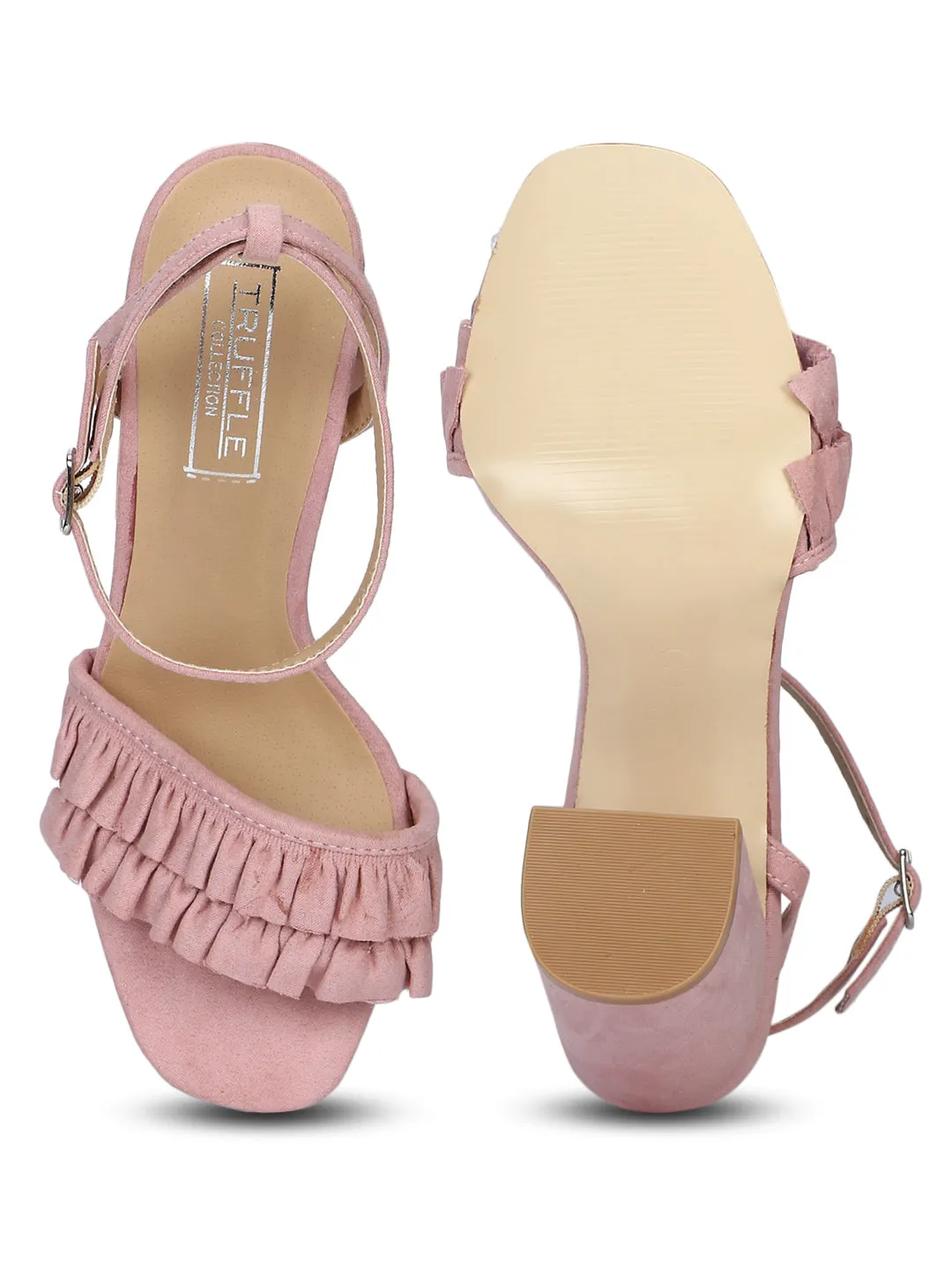 Dusty Pink Frilled Ankle Strap Block Heels