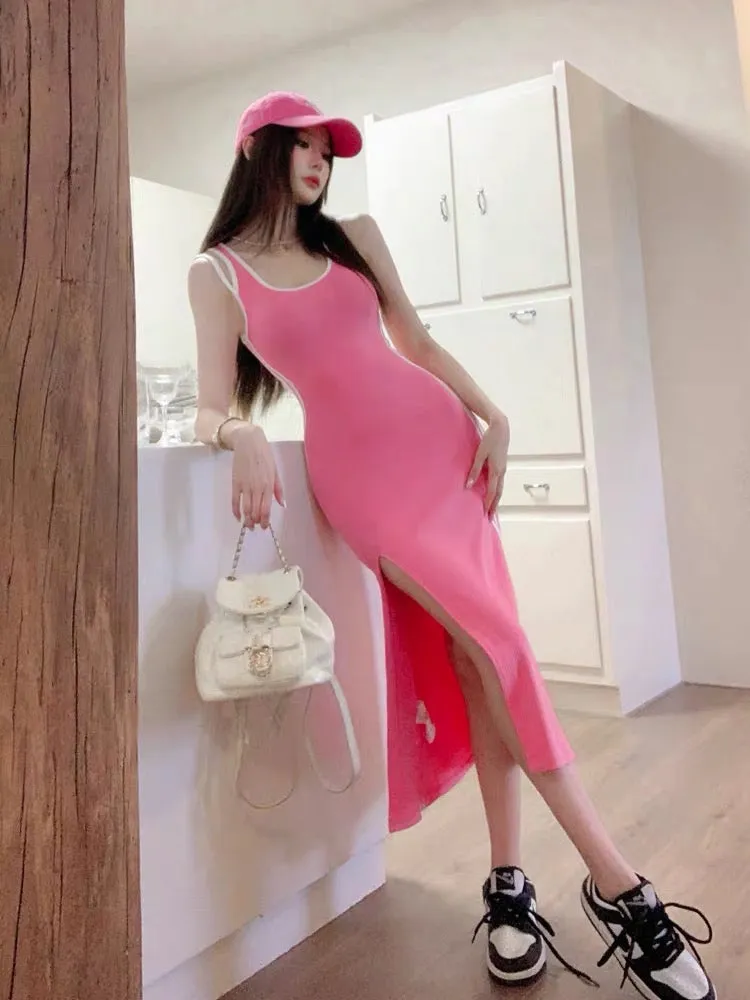 Earth Store Barbie Pink Hollow Back Slit Slimming Long Skirt Pure Desire Hot Girl Style Suspender Dress for Women